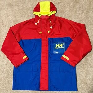 VTG Helly Hansen Mens Rain Jacket Coat Color Block Hooded Red Blue Yellow Sz L